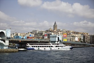 Galata Bridge with Galata Tower in the background, Istanbul, Turkey, Asia