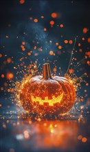 Glowing jack lantern on dark autumn background AI generated