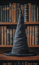 A tall, black witch hat sits on a wooden shelf in front of a bookshelf filled with old books AI