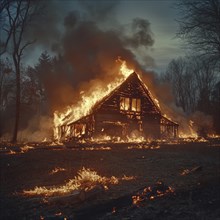 A large cottage on fire, flames bursting through the windows AI generated