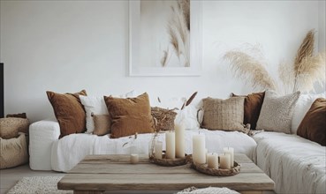 Scandinavian living room with white walls, wooden floor, autumn-themed cushions and candles on the