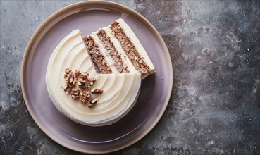 Fig and walnut cake with cream cheese frosting on a muted purple plate AI generated