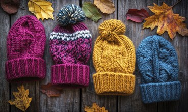 Vibrant knitted hats on a rustic wooden background AI generated