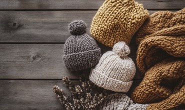 Vibrant knitted hats on a rustic wooden background AI generated