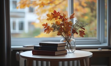 A table with a few books and a vase of colorful autumn foliage AI generated