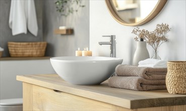 Simple bathroom with a white sink, wooden cabinet, autumn-colored towels, and candles on the