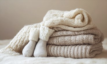 Soft knitted clothes in warm colors, laid out on a pastel background AI generated