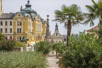 Historic city centre and central square with old historic buildings. Széchenyi Square in the centre