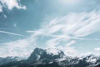 Panoramic view from the Seiser Alm to the Dolomites in Italy, drone shot