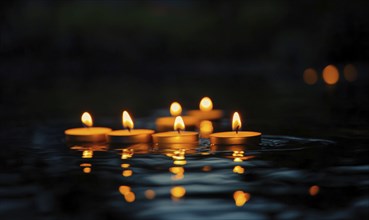 Cluster of candles drifting softly on a dark river, soft golden light glowing on the water surface