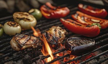 Vegetables and meat skewers above glowing embers AI generated