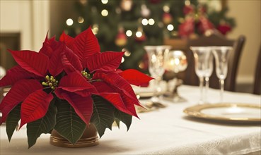 A red poinsettia flower sits on a table in front of a Christmas tree. The table is set with a white