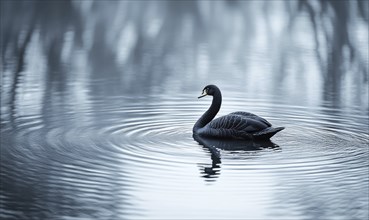 Black swan drifting on a still pond, soft ripples and reflections shimmering in the water AI