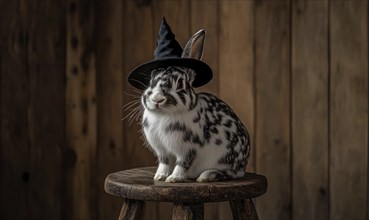 A spotted rabbit wearing a small black hat sitting on a wooden stool AI generated