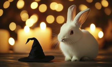 A white rabbit with long ears, balancing a small black hat, with soft candlelight in the background