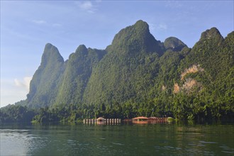 Cheow Lan lake landscape with floating houses, National Park Khao Sok, Thailand, Asia