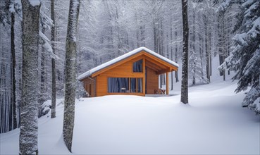 A small cabin in the woods is covered in snow. The cabin is surrounded by trees and has a cozy,