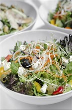 Mixed fresh organic salads in bowls on white restaurant table