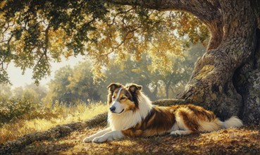 A Collie resting under a large tree, surrounded by dappled sunlight AI generated