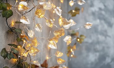 Garland of glass leaves and warm lights, cozy fall theme AI generated