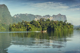 View from boat on Cheow Lan lake in National Park Khao Sok, Thailand, Asia