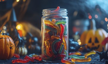 A glass jar filled with Halloween-themed gummy worms, surrounded by spooky Halloween decorations AI