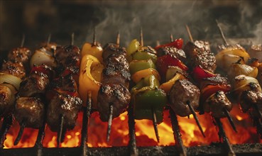 Skewers of mixed meat and vegetables on a grill AI generated