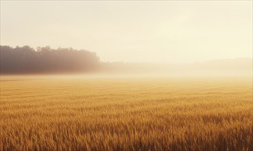 Wheat field at dawn, soft light, golden hues, misty horizon AI generated