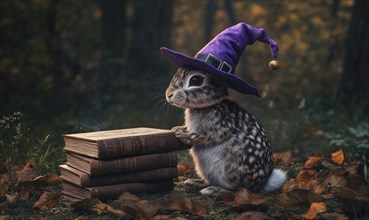 A spotted rabbit wearing a purple hat sitting near a stack of spell books AI generated