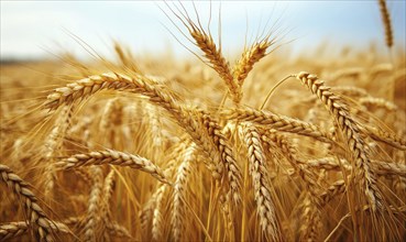 Close-up of ripe wheat stalks, golden ears, clear sky AI generated