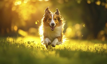 Collie running through a meadow, vibrant green grass AI generated