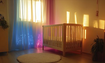 Wooden crib in a light yellow nursery, glowing blue and pink lights AI generated