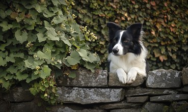 Collie sitting beside a stone wall in the countryside AI generated