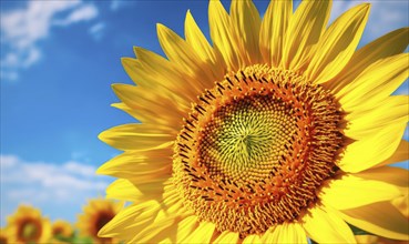 Close-up of sunflower center, intricate patterns, vibrant yellow petals AI generated