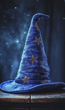 A dark blue wizard hat, embroidered with stars AI generated