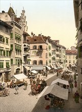 Bolzano, Bolzano Torgglhaus and fruit market, Tyrol, former Austro-Hungary, today Italy, c. 1890,