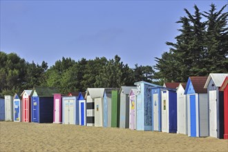 Colourful beach cabins at Saint-Denis-d'Oléron on the island Ile d'Oléron, Charente-Maritime,