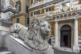 Large lion sculpture in front of San Lorenzo Cathedral, Piazza San Lorenzo, Genoa, Italy, Europe