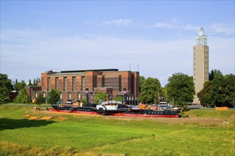 Magdeburg civic hall, observation tower and museum ship Württember