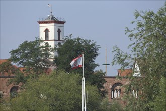 Tower of the classicist town hall, Seligenstadt, Main, Hesse, Germany, Europe