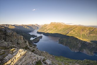 View from Seiskallåfjellet into the Nordfjorden, Svartisen Glacier in the background, Saltfjellet