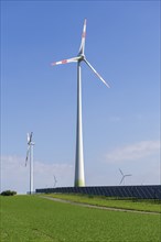 Renewable energies, solar park with wind turbines, photovoltaics, solar panels, Bavaria, Germany,