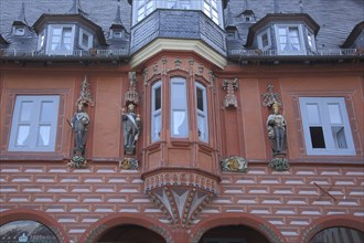 Historic Kaiserworth with oriel, knight figures and ornaments on the market square, Goslar, Harz,