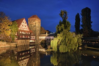 Nuremberg city houses on riverside of Pegnitz river from Maxbrucke (Max bridge) . Nuremberg,