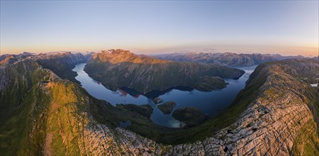 View from Seiskallåfjellet into Nordfjorden and Melfjorden, Svartisen Glacier in the background,