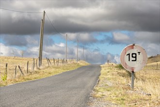 Desolate road in the countryside on a sunny summer day. Cevennes, France, Europe