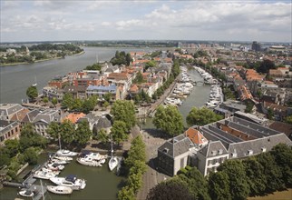 View looking over rooftops in the historic city centre of Dordrecht, Netherlands