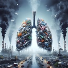 Air Pollution city and people suffers lung disease. Industrial pollution. Industrial smoke. Plastic