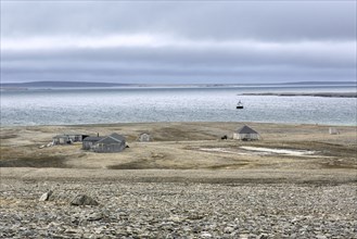 Wooden shacks and cabins at deserted 1950s Kinnvika Arctic research station, Murchisonfjord,