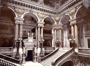 Staircase in the opera House, Paris, France, c. 1890, Historic, digitally restored reproduction